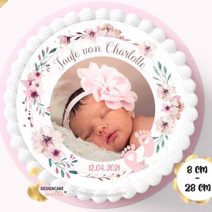 Cake Topper Baptism PHOTO Girl Child Fondant cake topper edible cake decoration christening cake Christening party personalized FLOWERS pink boho image 2