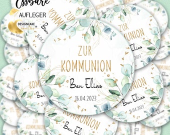 Muffinaufleger KOMMUNION mit Eukalyptus , Konfirmation Firmung Junge, personalisiert, Cupcake Topper essbar, Fondant, personalisiert