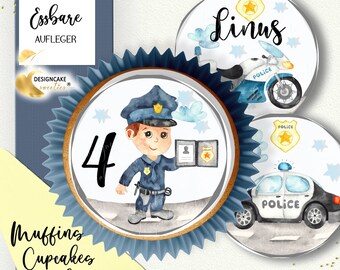 Décoration comestible pour cupcakes « Voiture de police, moto, garçon » - Anniversaire garçon, personnalisée, images en sucre comestibles, fondant