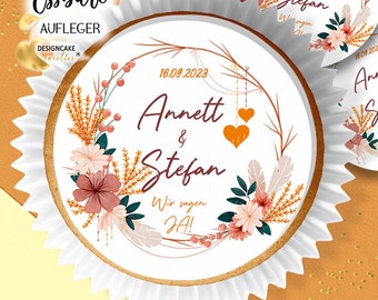 Wedding Cupcake Toppers - Flowers and Hearts, Personalized in Various Sizes - Edible Decoration