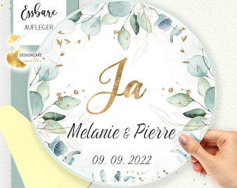 Wedding cake topper with eucalyptus, cake image, wedding cake decoration, mini cake, personalized with names and date, cake decoration