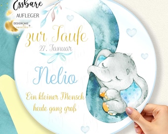 Christening Cake Topper - Elephant Fondant - Boy/Child | Edible Cake Decoration - Christening Cake - Christening Celebration - Personalized with Custom Text - Round - Blue