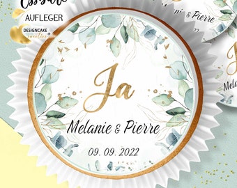 Wedding Cupcake Toppers - Eucalyptus Cupcake Toppers Personalized with Names and Date in Various Sizes - Edible Decoration