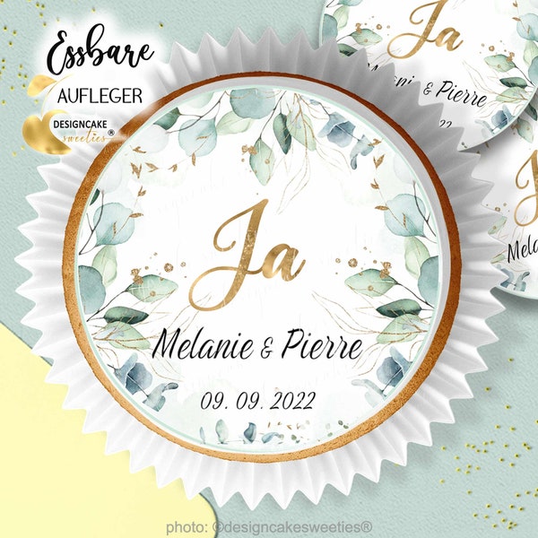 Muffin topper WEDDING - EUCALYPTUS cupcake topper personalized with name and date in different sizes - edible decoration individually