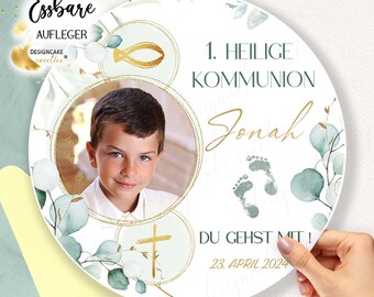 Tortenaufleger KOMMUNION Konfirmation Eukalyptus Foto Kind - Gold Fisch, Kreuz, Kelch| personalisiert, Tortendeko - AUSGESCHNITTEN