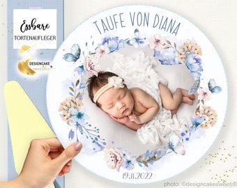 Baptism Cake Topper with Photo, Flowers, Fondant, Pampas | Edible Cake Decoration for Baptism Cake | Personalized Baptism Celebration with Custom Text