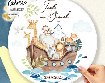 Baptism Cake Topper Noah's Ark Fondant Boy Child | Edible Cake Decoration Baptism Cake Christening Celebration Personalized Safari Animals Round