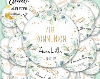 Muffinaufleger KOMMUNION mit Eukalyptus Mädchen , Konfirmation Firmung, personalisiert, Cupcake Topper essbar, Fondant -AUSGESCHNITTEN