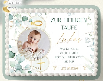 Cake topper for christening: EUCALYPTUS photo, fish, cross, fondant, child | Edible cake decoration for christening cake, personalized christening celebration