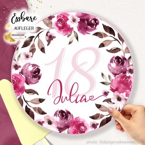 Tortenaufleger GEBURTSTAG Frau Erwachsene personalisiert 18. Geburtstag lila Blumen Rosen Fondant Tortendeko - AUSGESCHNITTEN : 8-28 cm