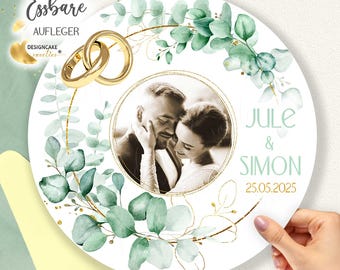 Wedding Cake Topper with Eucalyptus Photo and Gold Rings | Edible Cake Image, Personalized with Your Text | Round, A4-A3