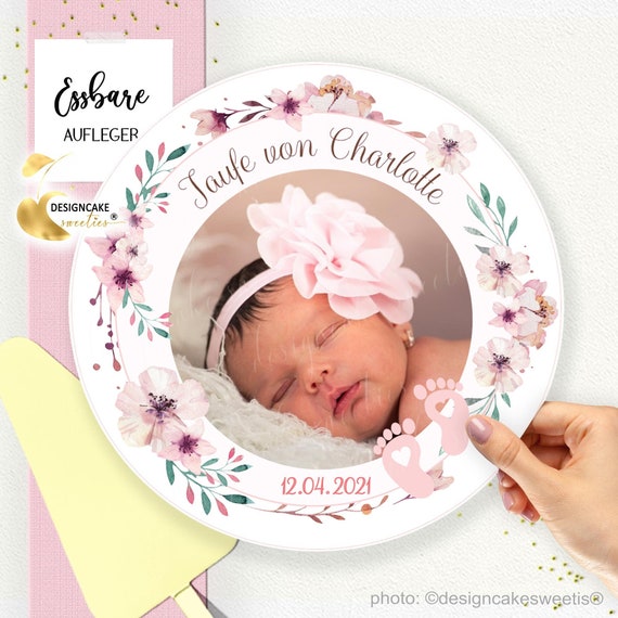Tortenaufleger Taufe FOTO Mädchen Kind Fondant | Kuchen Aufleger | essbare Tortendeko Tauftorte | Tauffeier personalisiert BLUMEN rosa Boho