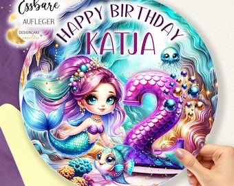 Mermaid cake topper for a girl's birthday, edible fondant cake decoration with personalized text, name, and number | Underwater world