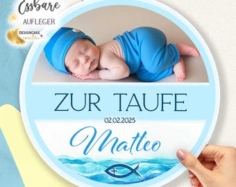 Personalized christening cake topper with photo of a boy, edible, fish and cross symbol, round, 4-28 cm, A4-A3