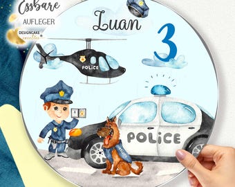 Décoration comestible personnalisée pour gâteau d'anniversaire d'enfant sur le thème de la police, avec texte et chiffre personnalisés - image pour gâteau rond
