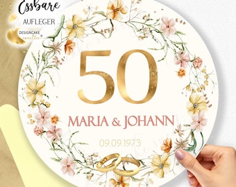 Golden Wedding Anniversary Cake Topper with Golden Rings and Flowers Fondant Cake Image | Wedding Cake Decoration, Wedding Cake Topper