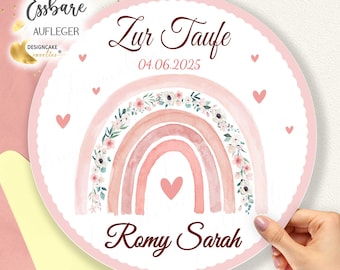 Personalized rainbow christening cake topper for girls, edible, fondant cake decoration for christening cakes, round, 4-28 cm, A4-A3