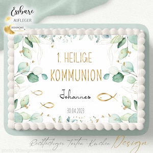 Tortenaufleger EUKALYPTUS Kommunion, Konfirmation, Firmung FISCHE- rechteckig personalisiert mit Wunschtext | Tortendeko Kuchendeko Fondant