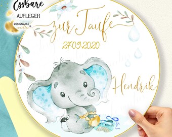 Christening Cake Topper - Elephant Fondant - Boy/Child | Edible Cake Decoration - Christening Cake, Christening Celebration, Personalized with Custom Text, Round