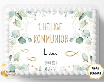 Cake topper EUCALYPTUS girls communion, confirmation, confirmation FISH- rectangular personalized with desired text | Cake decoration fondant