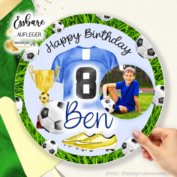 Tortenaufleger Fußball Geburtstag Junge Fondant, personalisiert Wunschtext mit FOTO möglich, Tortendeko Kinderparty AUSGESCHNITTEN : 8-28 cm