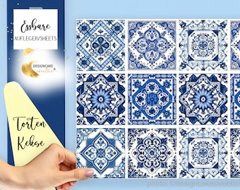 cake ribbon | edible sheet tiles | Tile Azulejo blue - white Mediterranean pattern, fondant side topper decoration for cake | cake cookies
