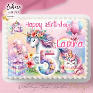 Tortenaufleger Einhorn Luftballon Torte Geschenk, rechteckig Fondant Tortenbild | Kuchendeko essbare Tortendeko Geburtstagstorte, Wunschtext