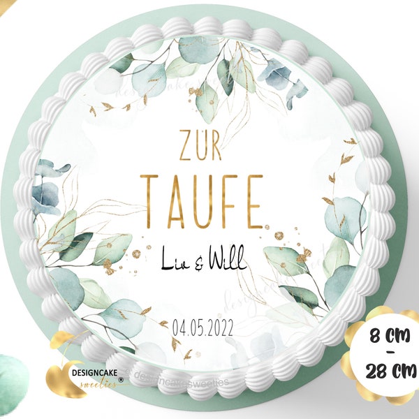 Tortenaufleger Taufe EUKALYPTUS Fondant Junge Kind | Kuchen Aufleger essbare Tortendeko Tauftorte Tauffeier personalisiert Wunschtext rund