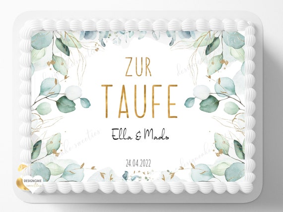 Tortenaufleger Taufe EUKALYPTUS Fondant Junge Mädchen Kind | Kuchen Aufleger essbare Tortendeko Tauftorte Tauffeier Wunschtext rechteckig