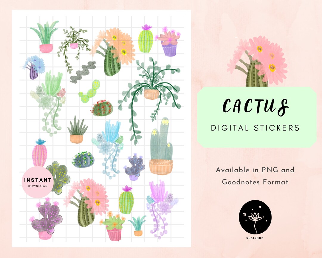 Cactus Digital Sticker Set, Succulent House Plant Stickers for Digital ...