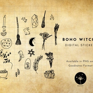 Witchcraft digital stickers, Halloween Boho witch planner stickers, pre cropped for goodnotes, individual PNG for notability, zoomnotes