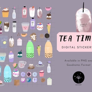 Digital Tea Stickers, Tea digital sticker set, Digital Planner stickers, Precropped, goodnotes stickers, coffee, cafe, dessert stickers.