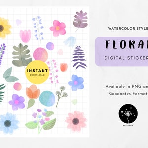 Digital Flower Stickers, Digital Planner Stickers, Floral Digital Sticker set, Watercolor, Digital Bullet Journal Stickers, Goodnotes