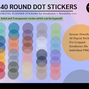 May include: 40 round dot stickers for digital planners. The stickers are in various colours and are pre-cropped for use in apps like Goodnotes and Notability. The image shows a variety of solid and transparent circles.