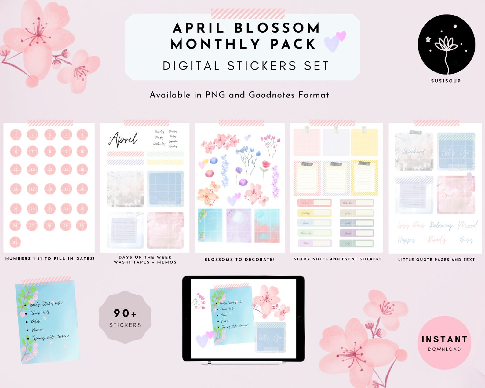 Goodnotes Stickers, Spring Sticker Bundle for April, Decorate Digital