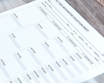 May include: A white sheet of paper with the title "Family Tree Information Collection Sheet" and a chart for recording family information. The chart includes spaces for names, dates of birth, locations, and other details.