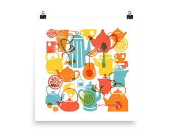 Kitchen Tea Items Vintage Style Bright Colors Square Poster Kitchen Wall Art