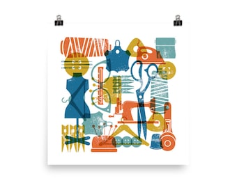 Sewing Retro Wall Art Design 1960s Colors Square Poster