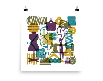 Sewing Retro Wall Art Design in MCM Fun Colors Square Poster