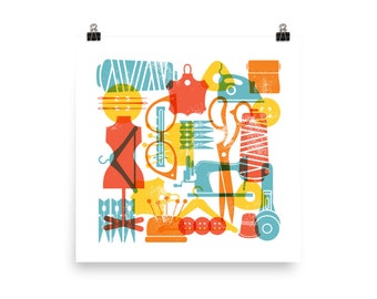 Sewing Retro Wall Art Design in Bright Colors Square Poster