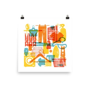 Poster retro brilhante das cores da lavanderia verde-azulado amarelo alaranjado