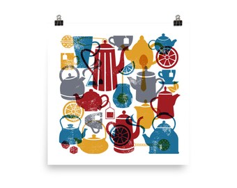 Kitchen Tea Items Vintage Style and Colors Square Poster Kitchen Wall Art
