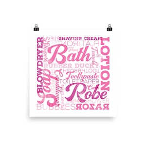 Bathroom Retro Style Lettering Art Square Poster in Pinks
