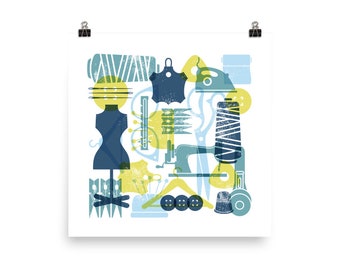 Sewing Retro Wall Art Design in Retro Colors Square Poster