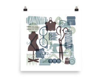 Sewing Retro Wall Art Design in Moody Colors Square Poster