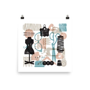 Sewing Retro Wall Art Design Vintage Colors Square Poster