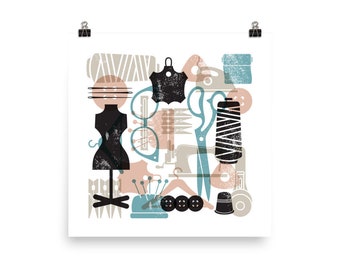 Sewing Retro Wall Art Design Vintage Colors Square Poster