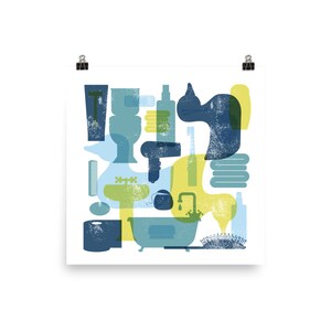 May include: A colorful abstract illustration of bathroom items, including a bathtub, sink, toothbrush, hair dryer, and toilet. The illustration is in shades of blue, green, and yellow.
