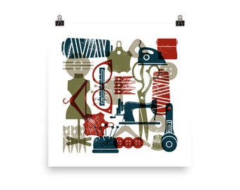 Sewing Retro Wall Art Design in Neutral Colors Square Poster