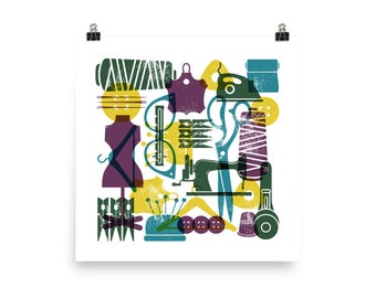 Sewing Retro Wall Art Design MCM Modern Brights Square Poster